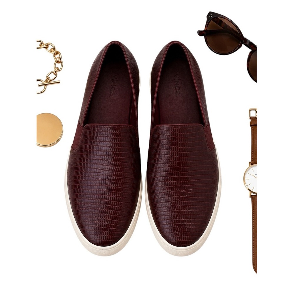 Vince Burgundy Embossed Leather Slip On Sneakers Women's 8 Croc Texture in EUC
